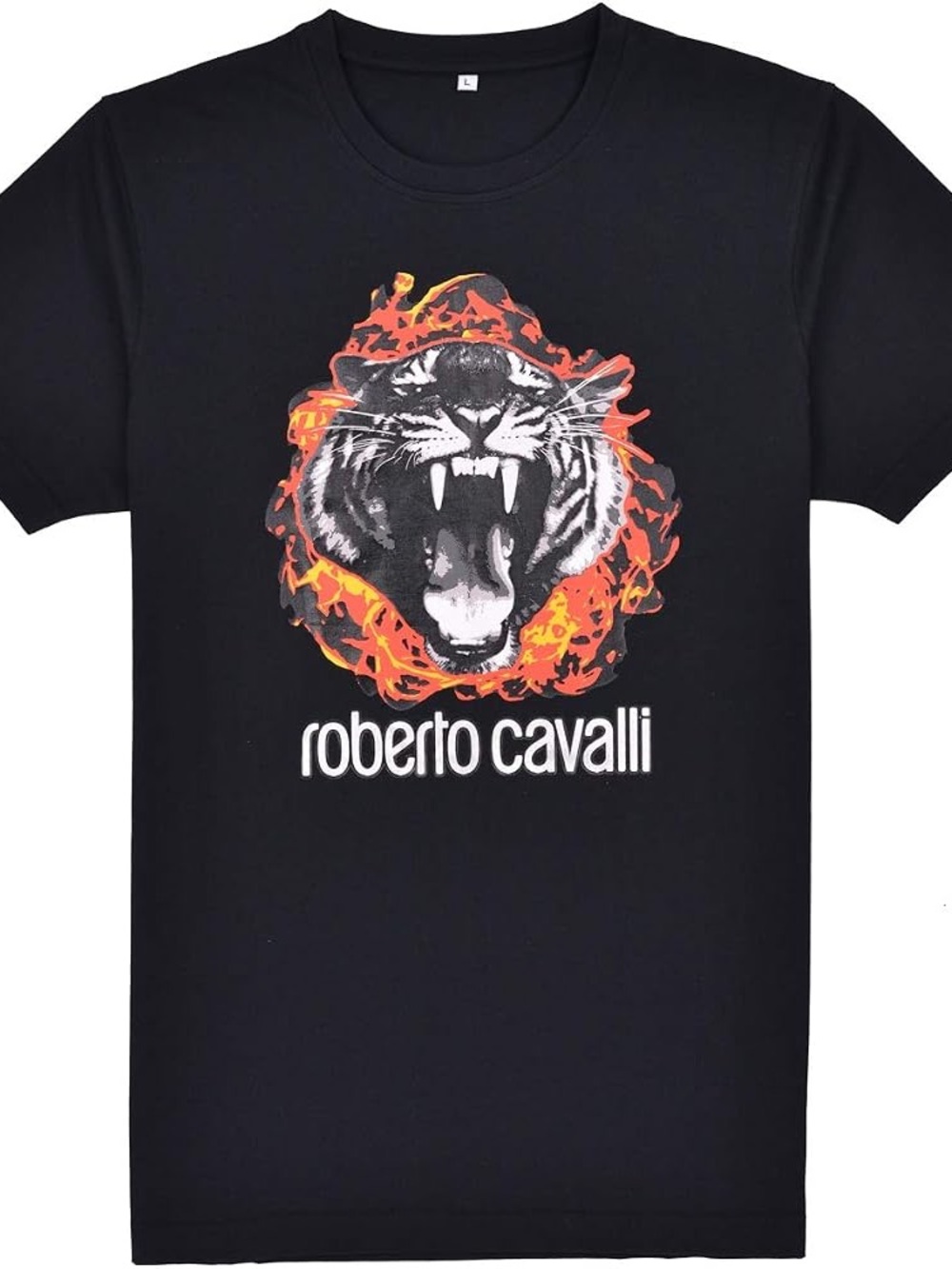 Roberto Cavalli Men's Black Fire Tiger Flame Graphic T-Shirt Size L